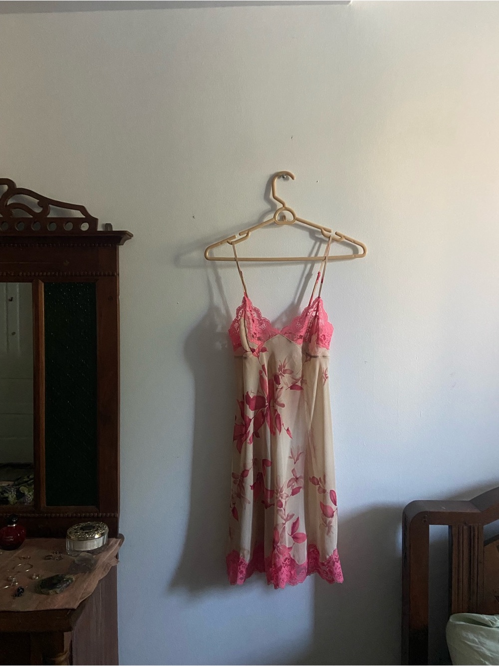 Victoria's Secret Beige Chemise with Pink Floral Lace Accents